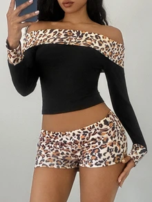 Jeanoix Women's Patchwork Leopard Print Off-Shoulder Long Sleeve Top And Shorts Fashion 2-Piece Set - Multicolor - View 6