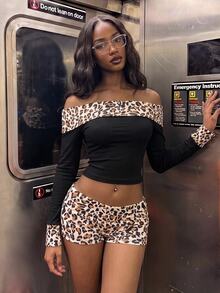 Jeanoix Women's Patchwork Leopard Print Off-Shoulder Long Sleeve Top And Shorts Fashion 2-Piece Set - Multicolor - View 1