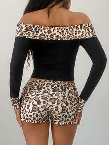 Jeanoix Women's Patchwork Leopard Print Off-Shoulder Long Sleeve Top And Shorts Fashion 2-Piece Set - Multicolor - View 2