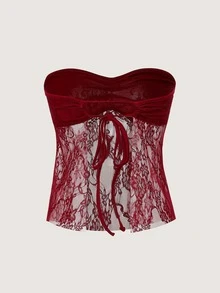 EgrlEra Women's Summer Sexy Solid Color Contrast Lace See-Through Bandeau Top Y2K  - Maroon - View 7