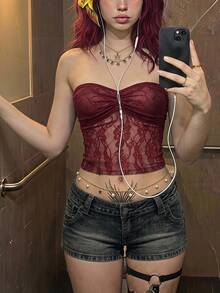 EgrlEra Women's Summer Sexy Solid Color Contrast Lace See-Through Bandeau Top Y2K  - Maroon - View 8
