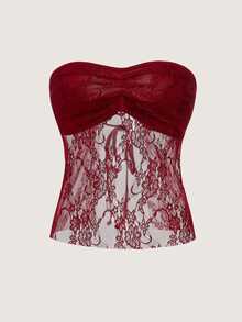 EgrlEra Women's Summer Sexy Solid Color Contrast Lace See-Through Bandeau Top Y2K  - Maroon - View 2