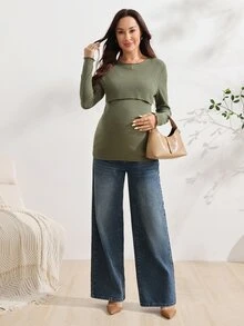 SHEIN 孕婦長袖哺乳上衣，適合居家、休閒簡約日常穿著，秋冬產後哺乳，橄欖綠 - 軍綠色 - 查看 5