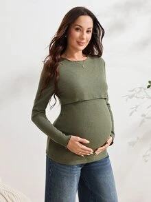 SHEIN 孕婦長袖哺乳上衣，適合居家、休閒簡約日常穿著，秋冬產後哺乳，橄欖綠 - 軍綠色 - 查看 4