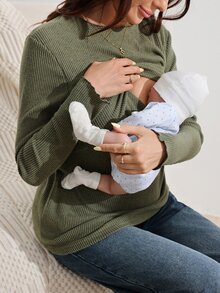 SHEIN 孕婦長袖哺乳上衣，適合居家、休閒簡約日常穿著，秋冬產後哺乳，橄欖綠 - 軍綠色 - 查看 7