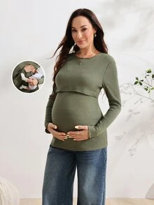 SHEIN 孕婦長袖哺乳上衣，適合居家、休閒簡約日常穿著，秋冬產後哺乳，橄欖綠 - 軍綠色 - 查看 8
