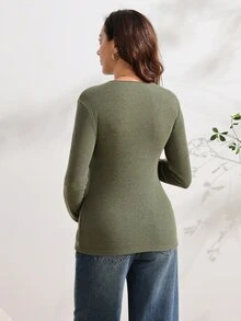 SHEIN 孕婦長袖哺乳上衣，適合居家、休閒簡約日常穿著，秋冬產後哺乳，橄欖綠 - 軍綠色 - 查看 2