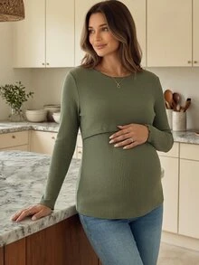 SHEIN 孕婦長袖哺乳上衣，適合居家、休閒簡約日常穿著，秋冬產後哺乳，橄欖綠 - 軍綠色 - 查看 9