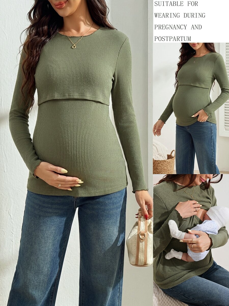 SHEIN 孕婦長袖哺乳上衣,適合居家、休閒簡約日常穿著,秋冬產後哺乳,橄欖綠 - 軍綠色 - 查看 1