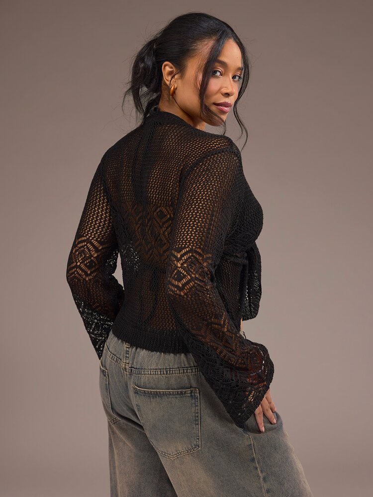 Freevana Cardigan Pendek Hitam Ukuran Besar untuk Wanita, Atasan Ikat, Transparan, Lengan Panjang, Elastis, Elegan dan Seksi untuk Pakaian Sehari-hari, Musim Semi/Panas/Awal Musim Gugur. - Hitam - View 2