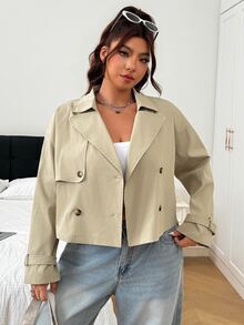 SHEIN EZwear Plus Size Women's Solid Color Double-Breasted Long Sleeve Casual Jacket Fall - Apricot - View 7