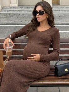 MaterniWear Maternity Fashion Commuter Bodycon Dress Fall Baby Shower Photoshoot Party Wedding Formal Luxury Evening Work Outfits Going Out Brown Casual Sexy - Coffee Brown - View 1