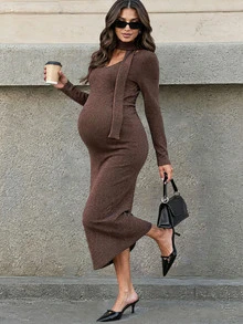 MaterniWear Maternity Fashion Commuter Bodycon Dress Fall Baby Shower Photoshoot Party Wedding Formal Luxury Evening Work Outfits Going Out Brown Casual Sexy - Coffee Brown - View 2