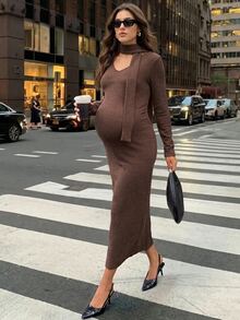 MaterniWear Maternity Fashion Commuter Bodycon Dress Fall Baby Shower Photoshoot Party Wedding Formal Luxury Evening Work Outfits Going Out Brown Casual Sexy - Coffee Brown - View 3