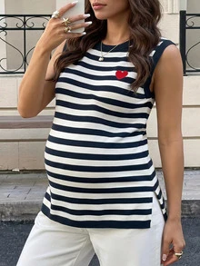 SHEIN Rompi Rajut Hamil Putih dengan Bordir Hati di Seluruh Permukaan dan Belahan di Bagian Bawah, Cocok untuk Kencan, Santai, Kehamilan, Musim Gugur, Gaya 1960-an, Normal, Hamil, Dasar, Imut, Chic, untuk Pergi Keluar - Navy Blue - View 3