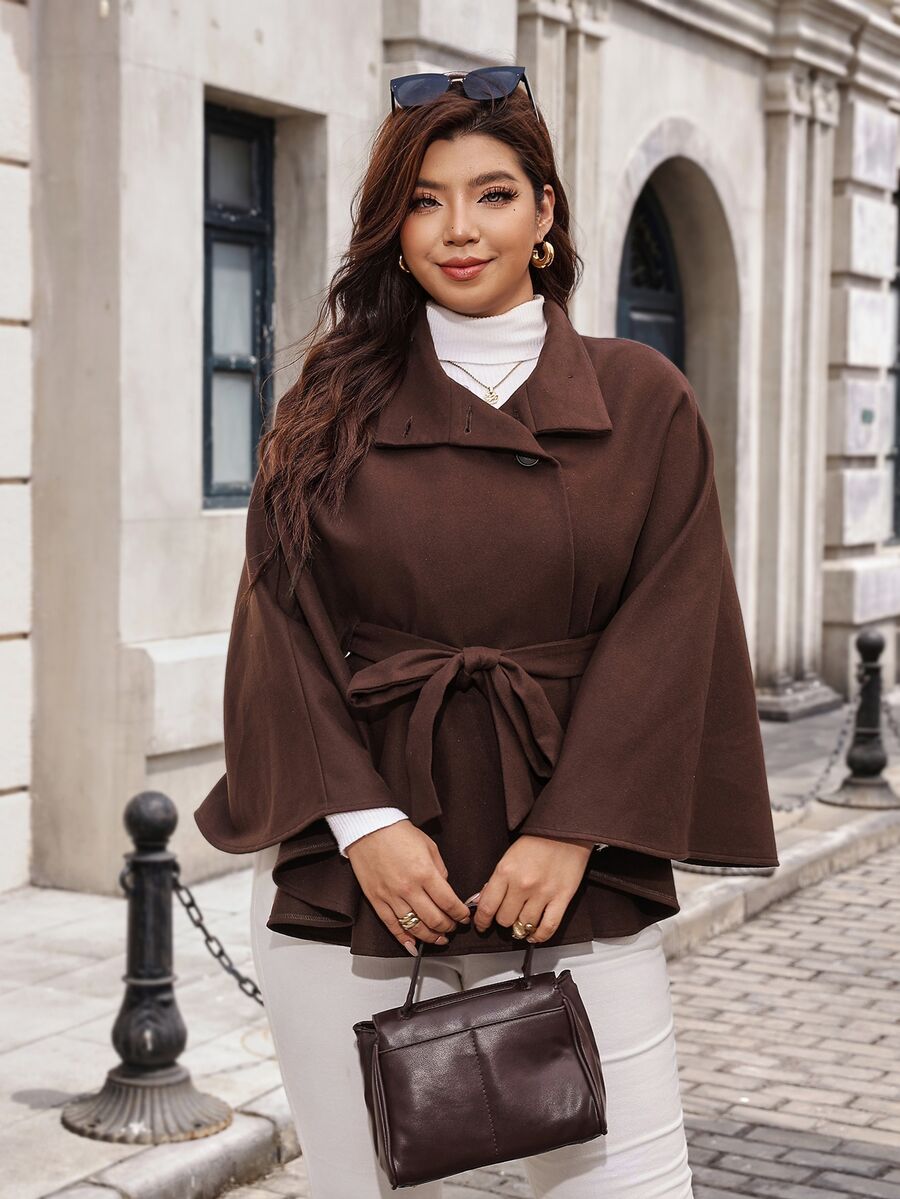 Reflora Plus Size Women's Solid Color Batwing Sleeve Waist Tie Elegant Wool Coat Winter