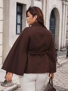 Reflora Plus Size Women's Solid Color Batwing Sleeve Waist Tie Elegant Wool Coat Winter - Brown - View 3