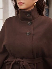 Reflora Plus Size Women's Solid Color Batwing Sleeve Waist Tie Elegant Wool Coat Winter - Brown - View 6