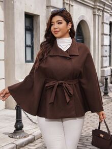 Reflora Plus Size Women's Solid Color Batwing Sleeve Waist Tie Elegant Wool Coat Winter - Brown - View 4