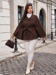 Reflora Plus Size Women's Solid Color Batwing Sleeve Waist Tie Elegant Wool Coat Winter - Brown - View 5