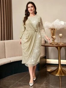 Reflora Plus Size Women's Lace Ruffle Fashion Date Party Dress Fall - Apricot - View 6