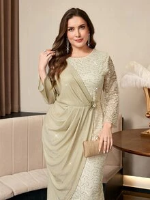 Reflora Plus Size Women's Lace Ruffle Fashion Date Party Dress Fall - Apricot - View 5
