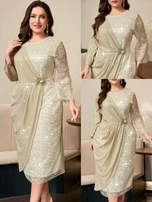 Reflora Plus Size Women's Lace Ruffle Fashion Date Party Dress Fall - Apricot - View 8