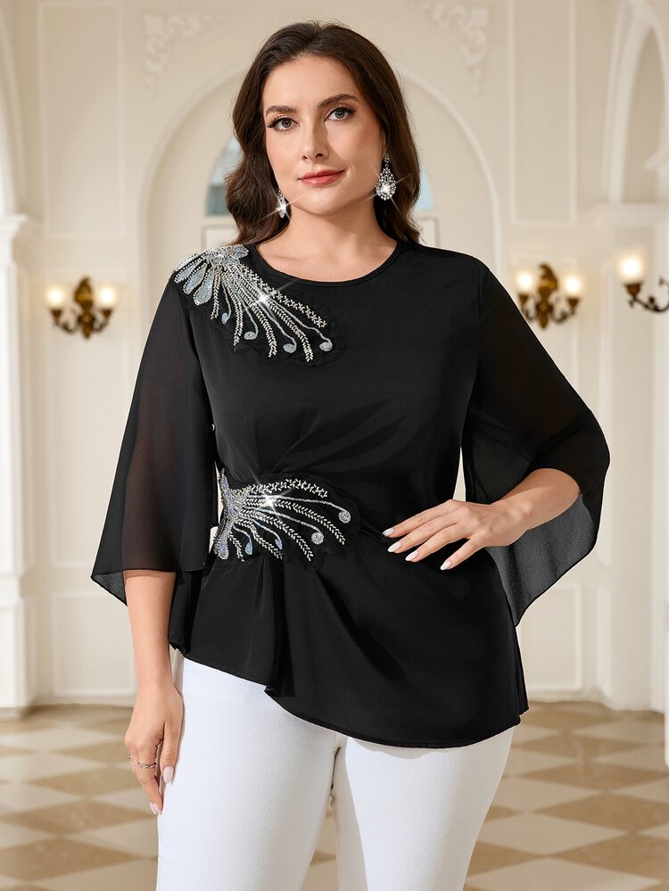 Reflora Plus Size Women's Round Neck Sequin Casual Versatile Everyday Blouse Fall - Black - View 4