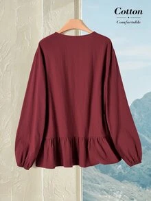 Rusticease Atasan Lengan Panjang Kasual Wanita Motif Bunga untuk Sehari-hari - Burgundy - View 2