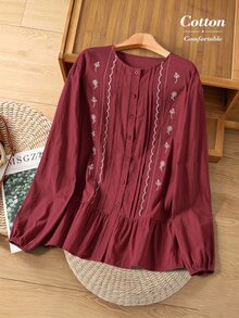 Rusticease Atasan Lengan Panjang Kasual Wanita Motif Bunga untuk Sehari-hari - Burgundy - View 1