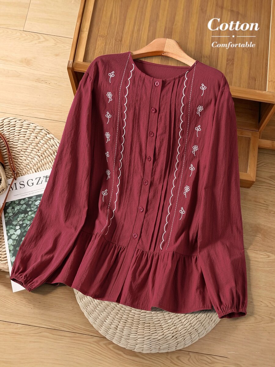 Rusticease Atasan Lengan Panjang Kasual Wanita Motif Bunga untuk Sehari-hari - Burgundy - View 1