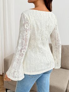 SHEIN Maternity Solid Color Jacquard Flared Sleeve Blouse Fall - Apricot - View 8