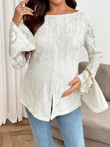 SHEIN Maternity Solid Color Jacquard Flared Sleeve Blouse Fall - Apricot - View 6