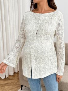 SHEIN Maternity Solid Color Jacquard Flared Sleeve Blouse Fall - Apricot - View 7