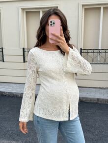 SHEIN Maternity Solid Color Jacquard Flared Sleeve Blouse Fall - Apricot - View 4