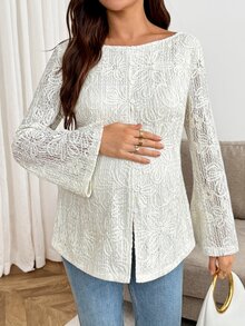 SHEIN Maternity Solid Color Jacquard Flared Sleeve Blouse Fall - Apricot - View 3