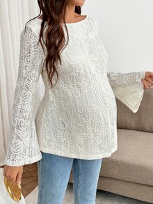 SHEIN Maternity Solid Color Jacquard Flared Sleeve Blouse Fall - Apricot - View 5