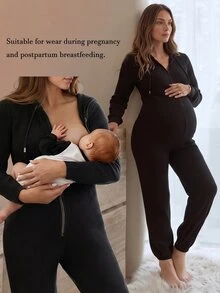 Slowluna 孕婦純色前拉鍊抽繩連帽哺乳連身褲 秋季 - 黑色 - 查看 2
