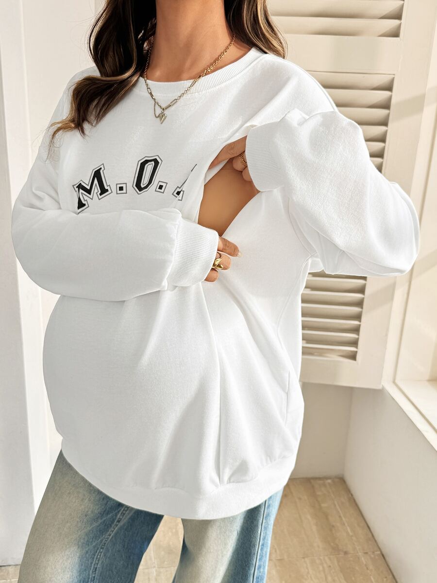 SHEIN Maternity Letter Print Nursing Function Long Sleeve Sweatshirt Winter - White - View 1
