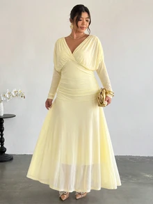 Firerie 大尺碼女款秋冬舒適休閒優雅度假風紋理布料抓皺長袖V領鬆緊腰寬擺長洋裝 - 黃色 - 查看 8