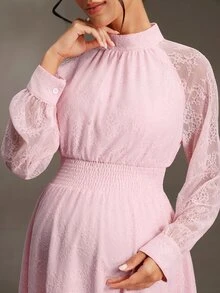 Cheriluna Maternity Maternity Lace Ruffle Elegant Waist-Cinched Summer Casual Dress Fall - Pink - View 6