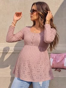 SHEIN Maternity Embroidered Button Half-Placket Long Sleeve Casual Nursing Top Fall - Pink - View 10