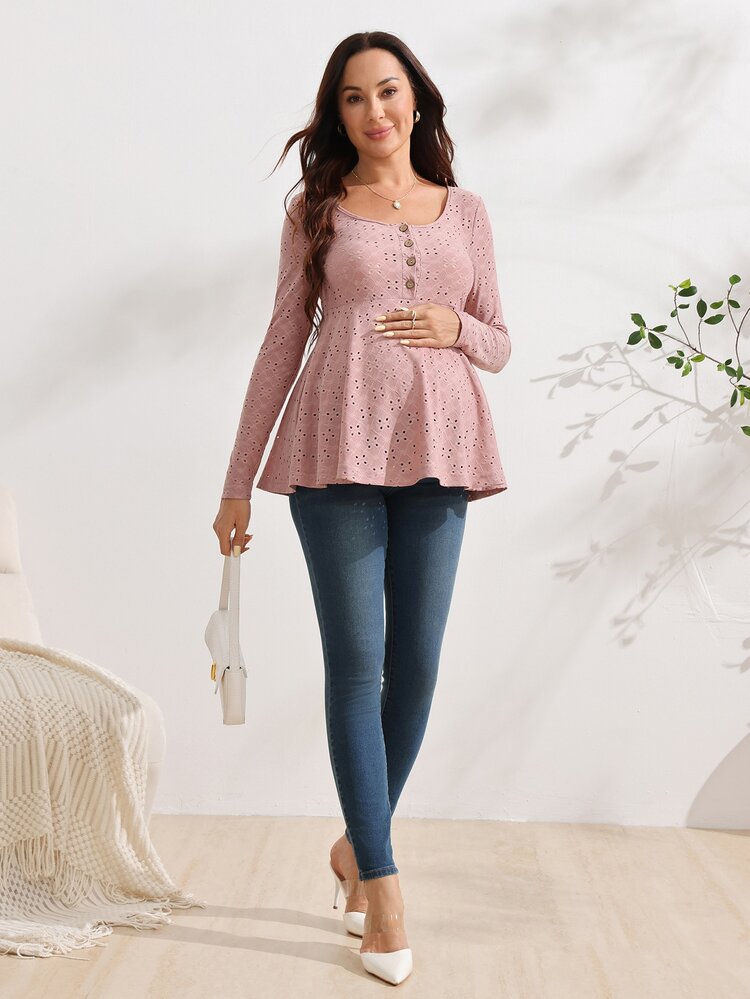 SHEIN ملابس علوية رضاعة كاجوال للحوامل مطرزة بأزرار وفتحة أمامية نصفية وأكمام طويلة للخريف - وردي - مشاهدة 4