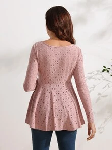 SHEIN Maternity Embroidered Button Half-Placket Long Sleeve Casual Nursing Top Fall - Pink - View 2