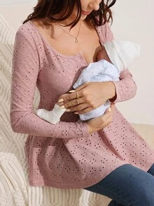 SHEIN Maternity Embroidered Button Half-Placket Long Sleeve Casual Nursing Top Fall - Pink - View 7