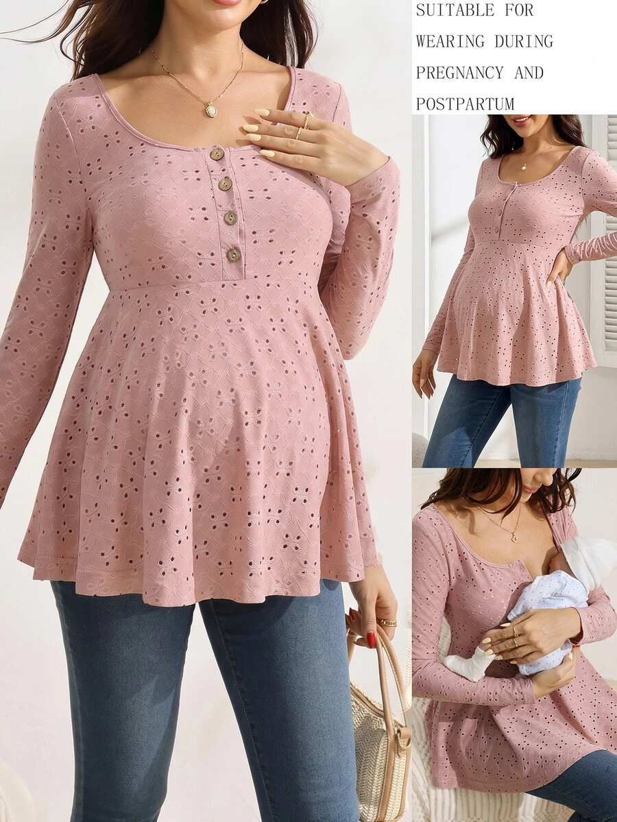 SHEIN Maternity Embroidered Button Half-Placket Long Sleeve Casual Nursing Top Fall - Pink - View 1