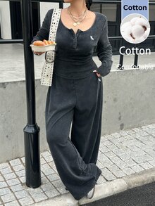 Muchica 大尺碼女款針織復古柔軟水洗做舊長袖T恤與長褲休閒家居兩件套 馬灰色 秋冬早午餐穿搭 - 黑色 - 查看 5