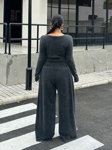 Muchica 大尺碼女款針織復古柔軟水洗做舊長袖T恤與長褲休閒家居兩件套 馬灰色 秋冬早午餐穿搭 - 黑色 - 查看 3