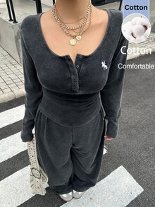 Muchica 大尺碼女款針織復古柔軟水洗做舊長袖T恤與長褲休閒家居兩件套 馬灰色 秋冬早午餐穿搭 - 黑色 - 查看 6