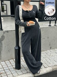 Muchica 大尺碼女款針織復古柔軟水洗做舊長袖T恤與長褲休閒家居兩件套 馬灰色 秋冬早午餐穿搭 - 黑色 - 查看 2